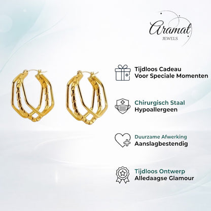 Aramat Jewels gold-tone stainless steel triple hoop earrings with a unique swirl design, 30x28mm.