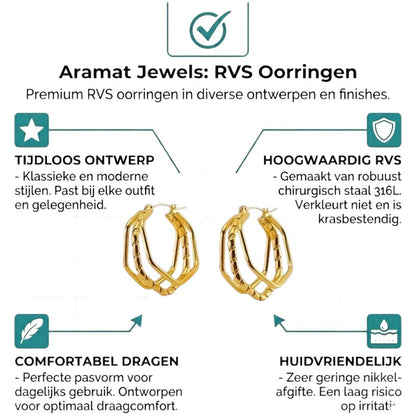 Aramat Jewels gold-tone stainless steel triple hoop earrings with a unique swirl design, 30x28mm.