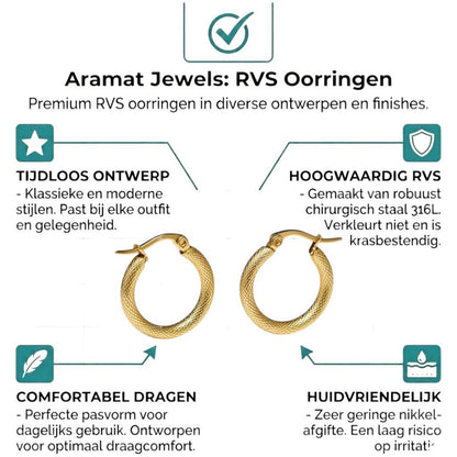 Aramat Jewels gold textured stainless steel hoop earrings, 18mm diameter, with a subtle diamond-cut pattern and secure hinge closure.