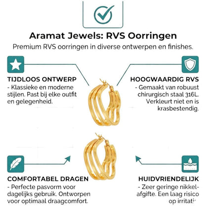 Aramat Jewels gold-tone triple heart-shaped hoop earrings, 25mm, made of stainless steel with a smooth finish.