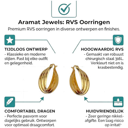 Aramat Jewels gold-colored triple hoop earrings with a twisted design and hinge closure, made of stainless steel.