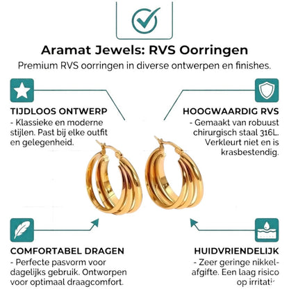 Aramat Jewels gold-colored triple hoop earrings made of stainless steel, 28mm diameter, with a 3-in-1 design.