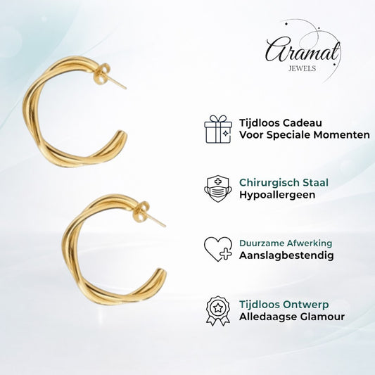 Aramat Jewels gold twisted half hoop earrings, 30x4mm, made of stainless steel with a twist design.
