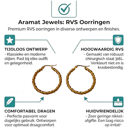 Aramat Jewels gold-tone stainless steel hoop earrings with a twisted rope design, 30mm diameter.
