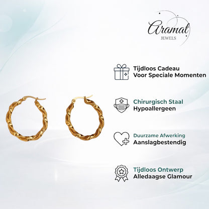 Aramat Jewels gold-tone twisted stainless steel hoop earrings, 30mm diameter, with a hinged closure.