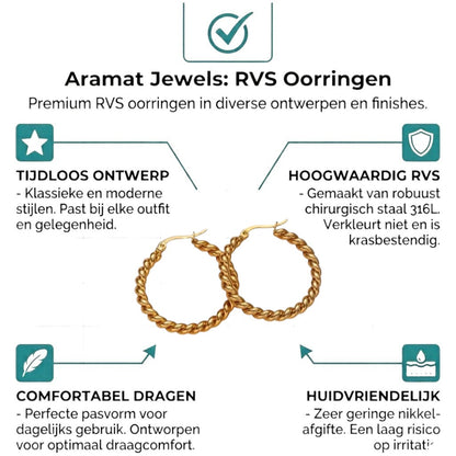 Aramat Jewels gold-colored stainless steel hoop earrings with a double twisted motif, 30mm diameter.