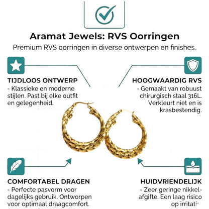 Aramat Jewels gold-tone stainless steel triple twisted hoop earrings, 25mm or 30mm diameter, with a secure hinge closure.