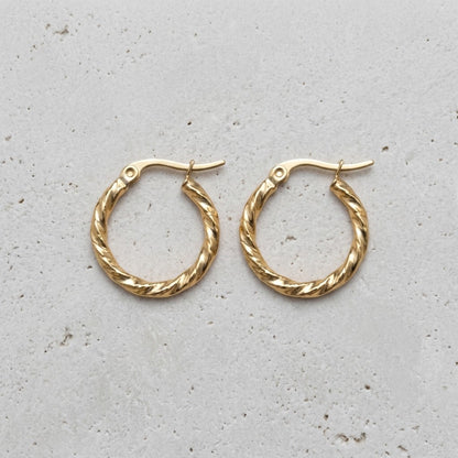 Aramat Jewels gold-tone stainless steel twisted hoop earrings, 20mm diameter, with a secure hinge clasp.