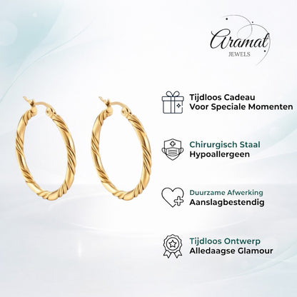 Aramat Jewels gold-tone stainless steel hoop earrings with a twisted design, 30mm diameter.