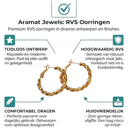 Aramat Jewels gold-colored stainless steel hoop earrings with a twisted rope design, 30mm diameter.