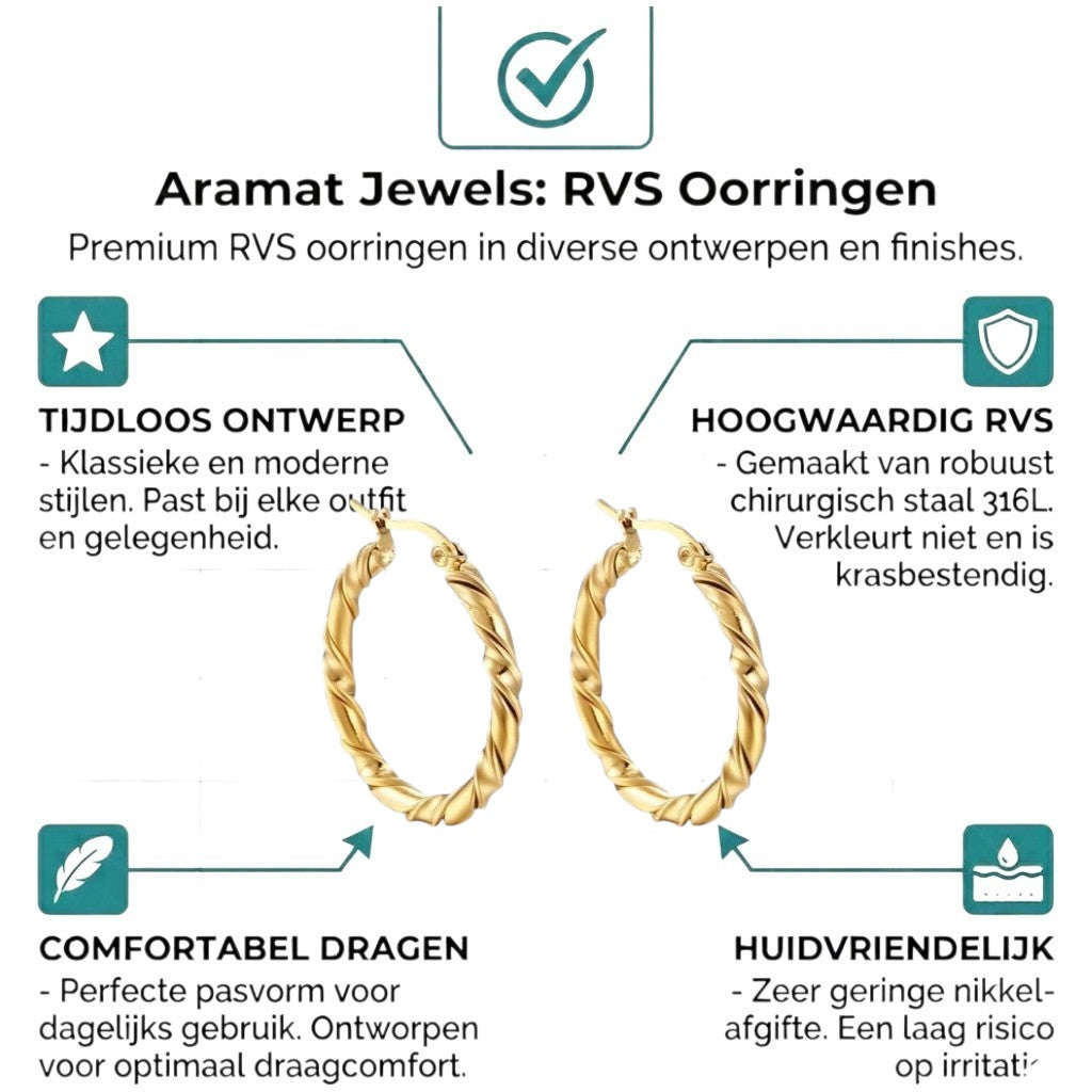 Aramat Jewels gold-colored stainless steel hoop earrings with a twisted design, 30mm diameter.