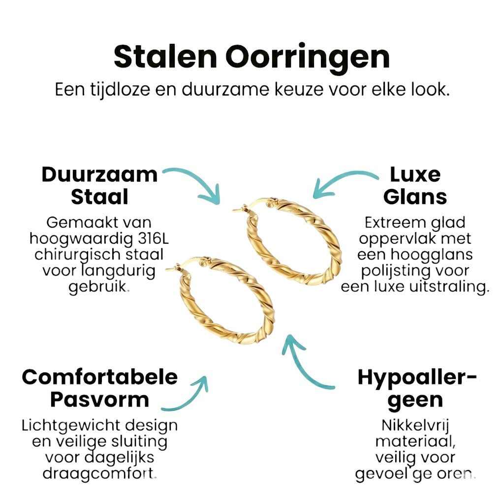 Aramat Jewels gold-tone stainless steel hoop earrings with a twisted design, 30mm diameter.