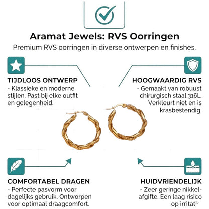 Aramat Jewels gold-tone stainless steel hoop earrings with a twisted and smooth design, 30mm diameter.
