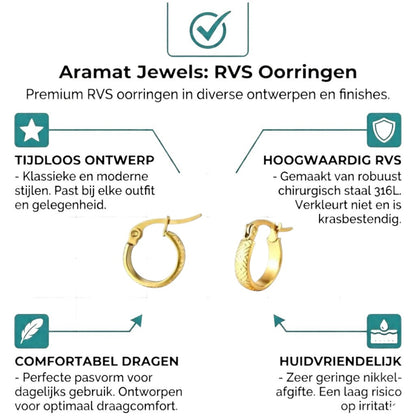 Aramat Jewels small gold-colored stainless steel hoop earrings with a zigzag pattern, 10mm diameter.