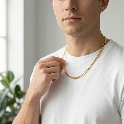 Aramat Jewels goudkleurige RVS gourmet ketting van 2mm breed gedragen door een man in een wit T-shirt.