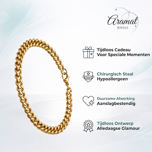 Aramat Jewels gouden roestvrijstalen gourmet schakelarmband voor heren en dames, 4,5 mm breed en 20 cm lang.