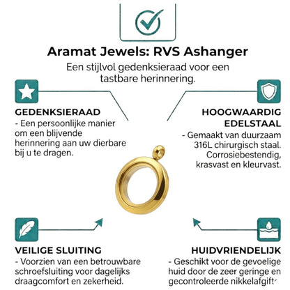 Aramat Jewels® goudkleurige RVS ronde ashanger, 15mm, waterbestendig, met schroefsluiting. Zonder ketting.