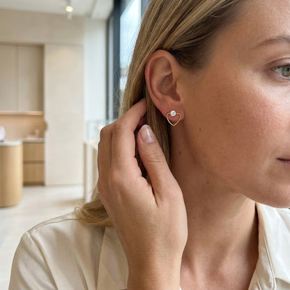 Aramat Jewels goudkleurige open hart oorbellen van 10mm met zirkonia steen, gedragen door een vrouw.