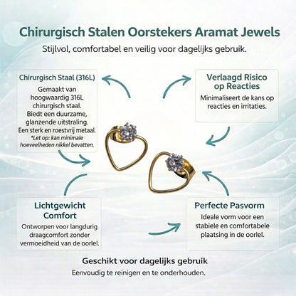 Aramat Jewels goudkleurige open hart oorbellen van 10mm met zirkonia steen