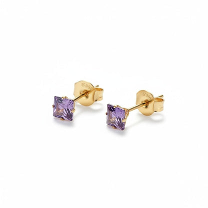 Aramat Jewels goudkleurige oorbellen met vierkante paarse zirkonia van 4mm.