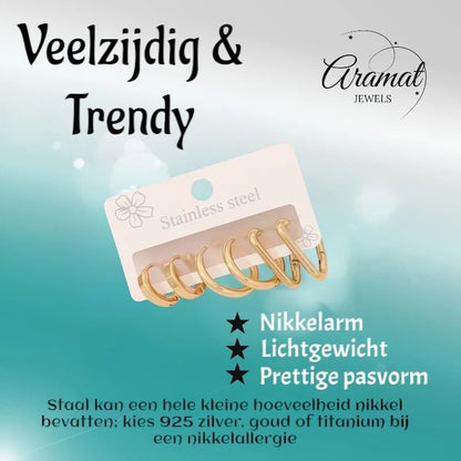 Aramat Jewels goudkleurige RVS oorringenset met twee ronde en één driehoekige hoop op een presentatiekaartje.