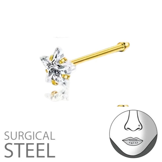 Aramat Jewels goudkleurige neuspiercing met een 3mm stervormige zirkonia steen op een recht staafje van roestvrij staal.