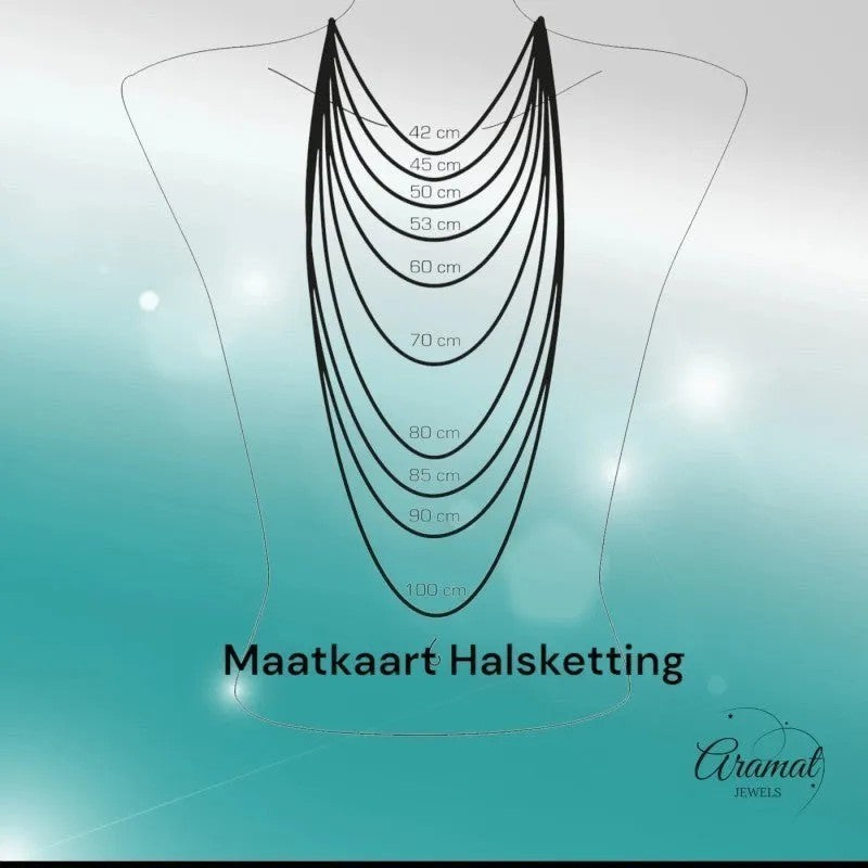 Aramat Jewels size chart for gold-colored stainless steel gourmet link necklaces, showing lengths from 42cm to 100cm.