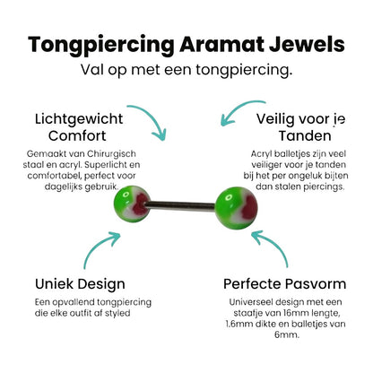 Aramat Jewels steel tongue piercing with green, white, and red acrylic heart ends. 16mm bar.