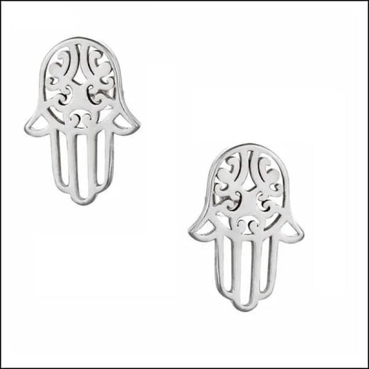 Aramat Jewels zilverkleurige Hamsa hand oorknopjes van RVS met gedetailleerd opengewerkt design voor een ear party.