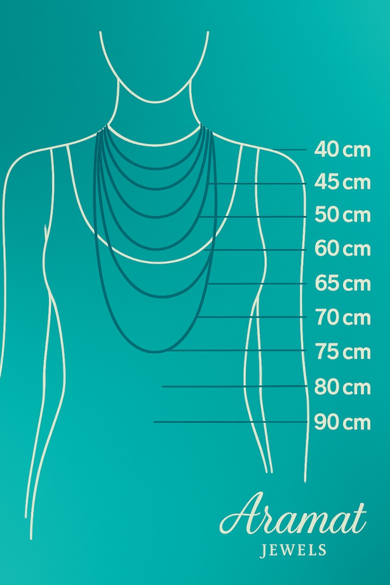 Aramat Jewels maattabel voor halskettingen met verschillende lengtes van 40 tot 90 cm op een vrouwelijk silhouet.