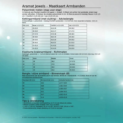 Aramat Jewels maattabel voor armbanden met instructies voor het meten van de polsomtrek en verschillende maattabellen.