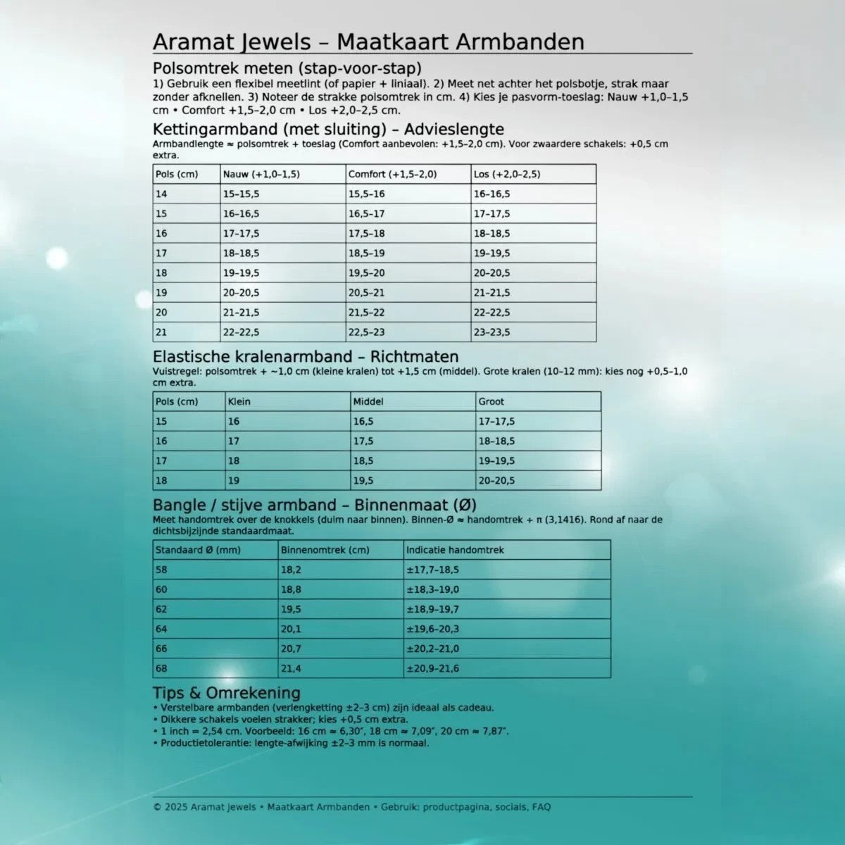 Aramat Jewels maattabel voor armbanden met instructies voor het opmeten van de polsomtrek en advieslengtes.