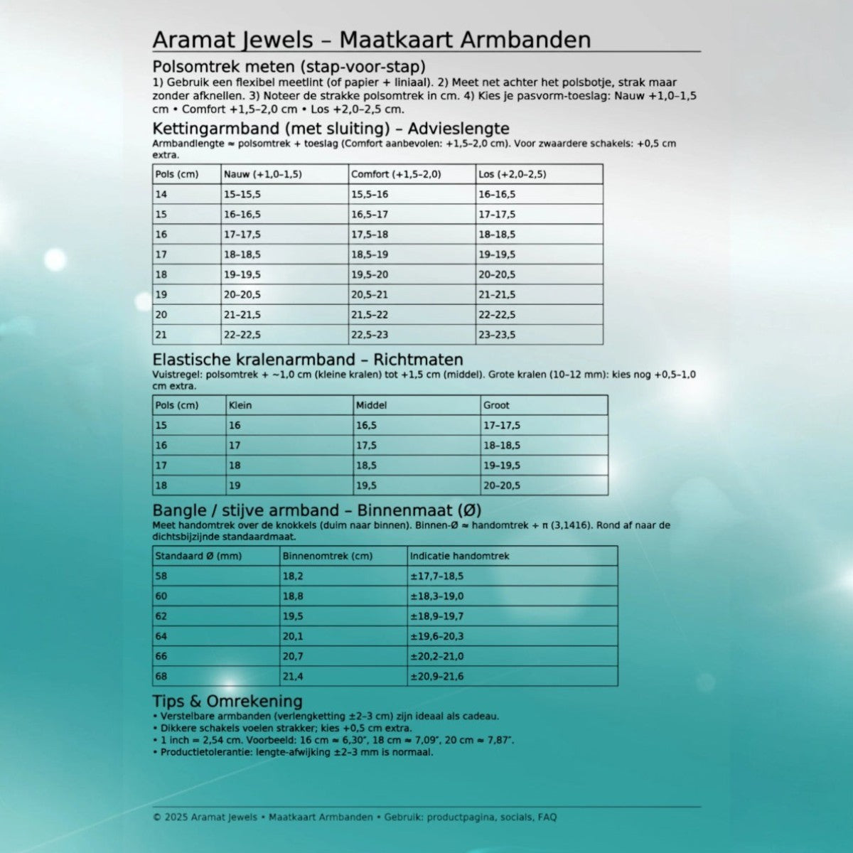 Aramat Jewels maattabel voor het bepalen van de juiste armbandmaat met polsomtrek en pasvorm advies