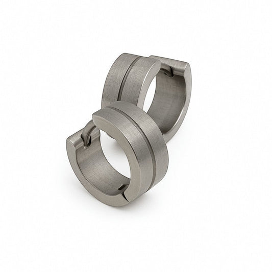 Aramat Jewels matte silver-tone stainless steel hoop earrings with a subtle glossy stripe detail, 13mm.