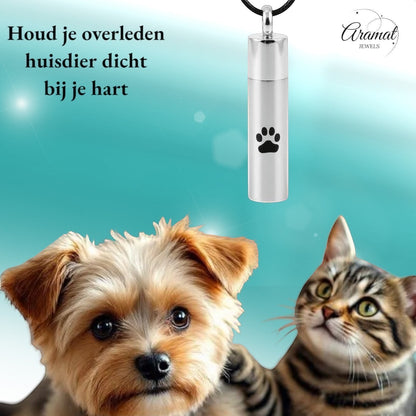 Aramat Jewels matte silver stainless steel cremation urn pendant with paw print design, 46mm, for pet ashes.