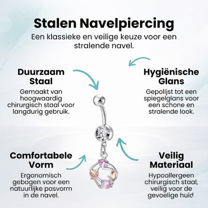 Aramat Jewels silver surgical steel navel piercing with pink and champagne zirconia hanger.