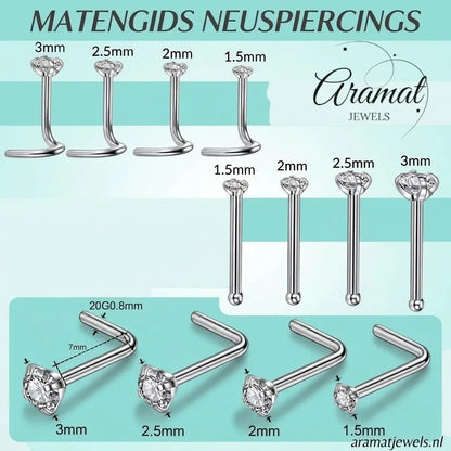 Aramat Jewels maattabel voor zilveren neuspiercings met zirkonia stenen in diverse formaten van 1,5mm tot 3mm.