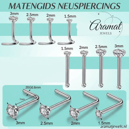 Aramat Jewels maattabel voor neuspiercings met verschillende maten zirkonia steentjes en diverse staafvormen.