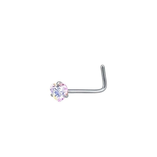 Aramat Jewels stainless steel L-shaped nose studs with clear AB cubic zirconia in round, heart, and star shapes.