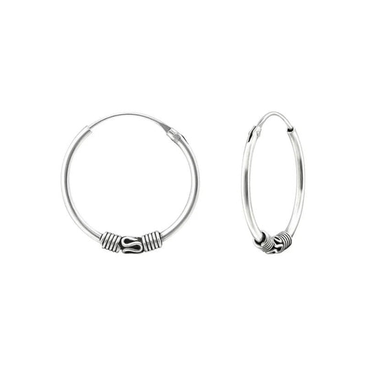 Aramat Jewels 20mm oxidized silver Bali hoop earrings with intricate detailing.