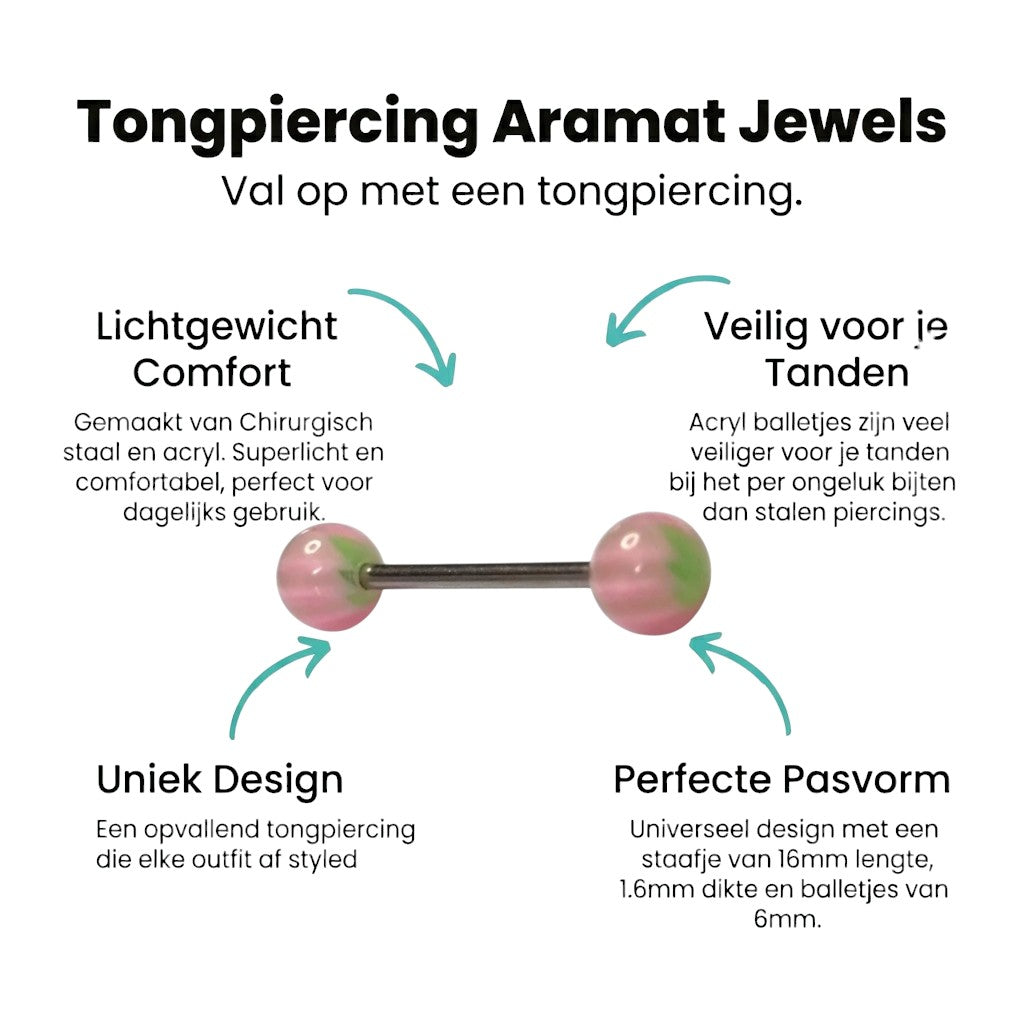 Aramat Jewels steel tongue piercing with pink and green marbled acrylic balls, 16mm bar, 6mm balls.