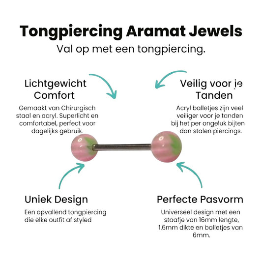 Aramat Jewels steel tongue piercing with pink and green marbled acrylic balls, 16mm bar, 6mm balls.