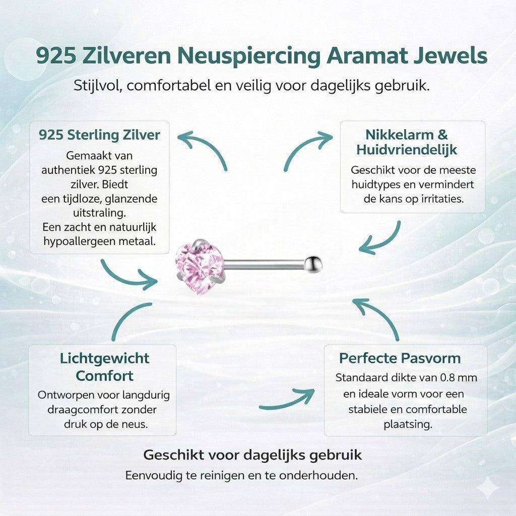 Aramat Jewels silver-colored steel nose piercing with a heart-shaped pink zirconia stone.