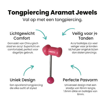 Aramat Jewels pink acrylic novelty tongue piercing with a silver barbell. Features a phallic-shaped top and a round bottom ball.