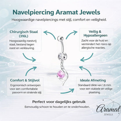 Aramat Jewels silver-tone surgical steel belly button piercing with a clear and pink cubic zirconia drop.