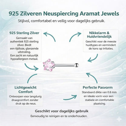 Aramat Jewels silver-colored steel nose piercing with a pink zirconia stone and a straight post.