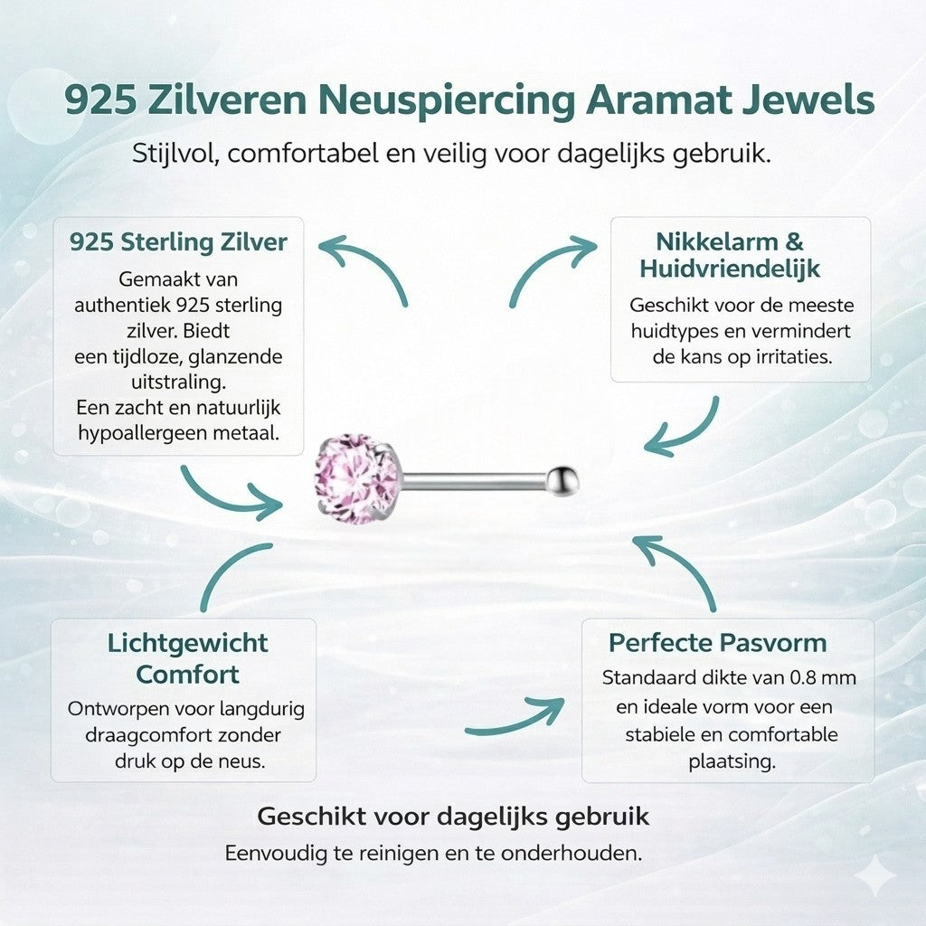 Aramat Jewels silver-colored steel nose piercing with a round pink zirconia stone and a straight post.