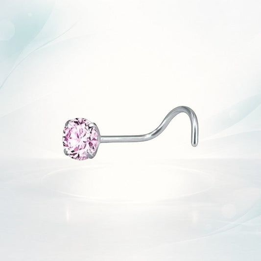 Aramat Jewels silver steel nose piercing with a pink cubic zirconia stone and S-curve.