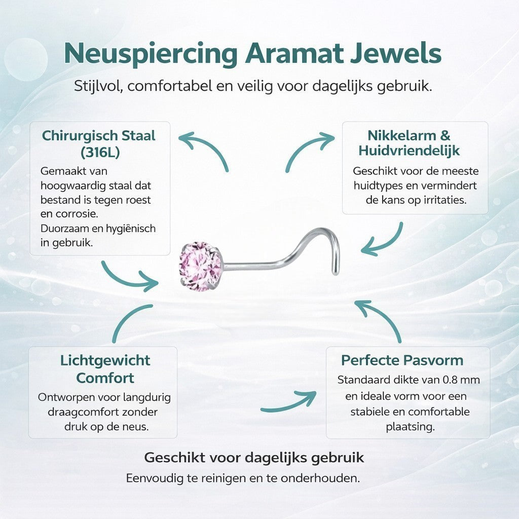 Aramat Jewels stainless steel nose piercing with a pink cubic zirconia stone and an S-shaped post.