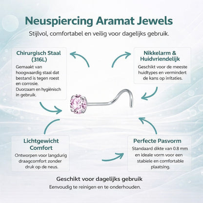 Aramat Jewels stainless steel nose piercing with a pink cubic zirconia stone and an S-shaped post.